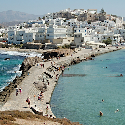 Explore Naxos Town, just a twelve-minute drive away