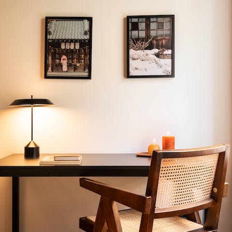 Catch up on work at the chic desk spaces