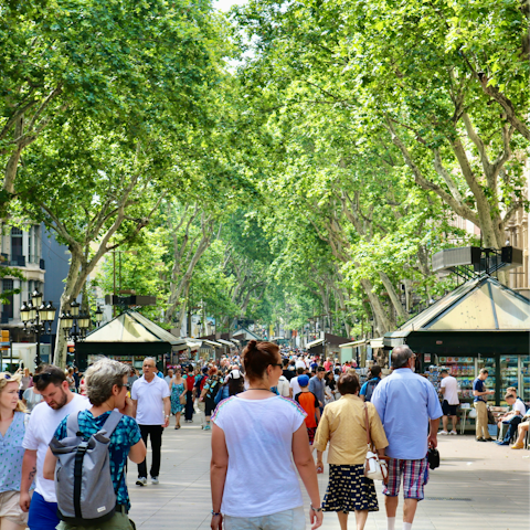 Stroll fifteen minutes to the hustle and bustle of La Rambla