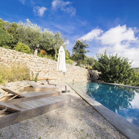 Relax by the pool overlooking the Tramuntana Mountains