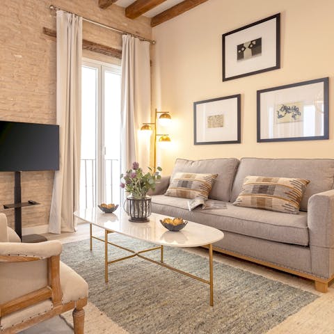 Get cosy in the bright and stylish living room