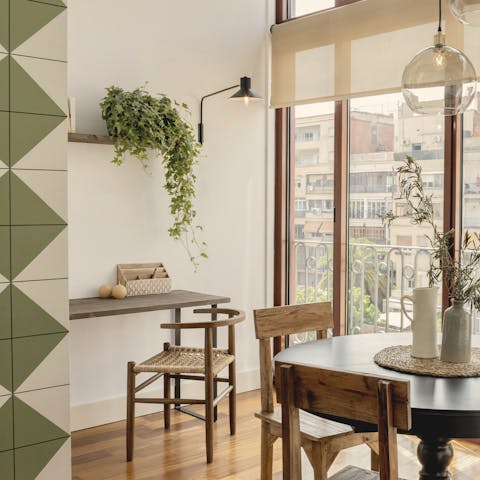 Step out to the balcony with your iced coffee after a morning at the writing desk