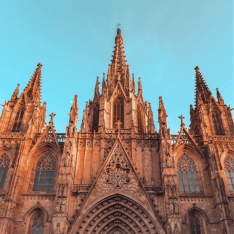 Wander into the Gothic Quarter to find sights like the Cathedral of Barcelona, fifteen minutes away
