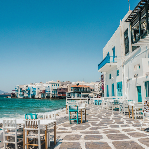 Explore Mykonos Town, a twenty-minute drive away
