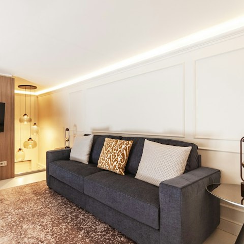 Take a moment to relax on the sofa with your morning espresso