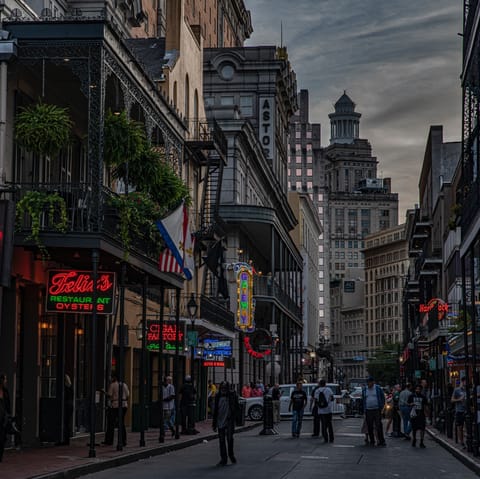 Enjoy an evening of Jazz on Bourbon Street, just a 10-minute walk away