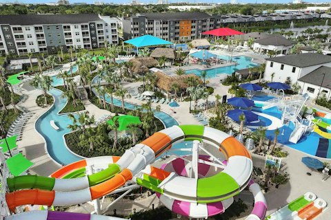 Spiral down towering slides at the on-site water park