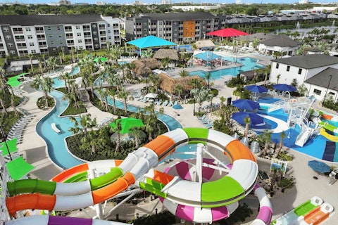 Spiral down towering slides at the on-site water park