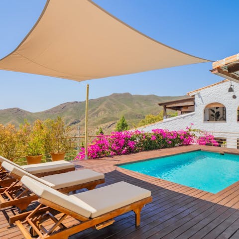 Stretch out on the lounge chairs after a dip in the swimming pool