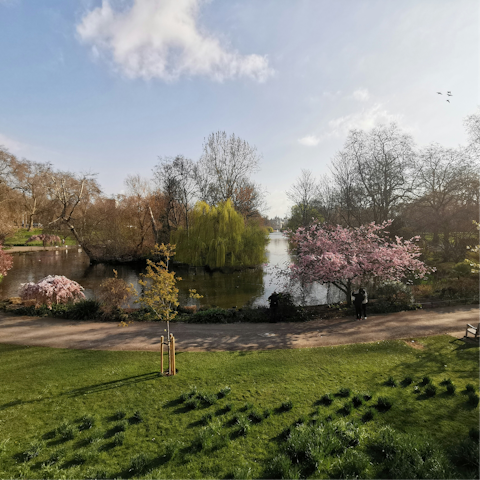 Stroll around picturesque St James's Park – a seven-minute walk away