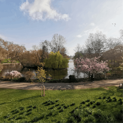 Stroll around picturesque St James's Park – a seven-minute walk away