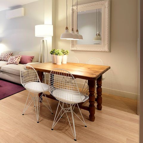 Work or play at the sturdy wooden table