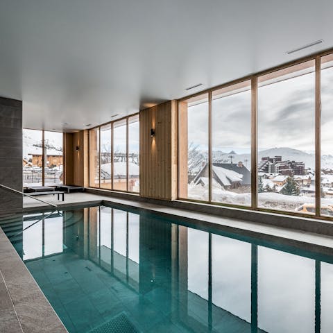 Practise your front crawl in the heated swimming pool