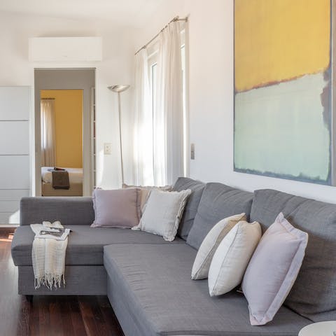 Make yourself comfortable on the plush L-shaped sofa