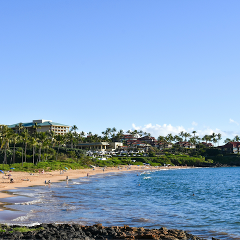Enjoy a day of sea, sand and sun on Wailea Beach, a short stroll away