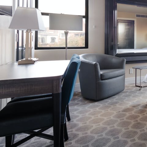 Get some work done at the desk before enjoying a night-in watching movies on the Roku TV