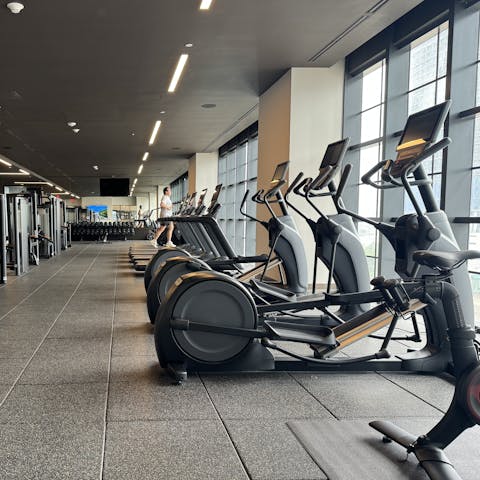 Head to the shared gym for a morning workout
