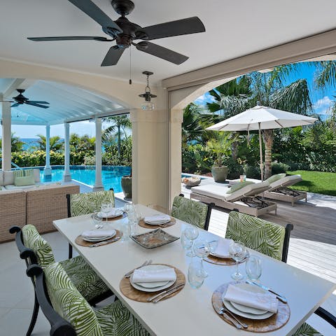 Keep cool under the ceiling fans as you lunch outside