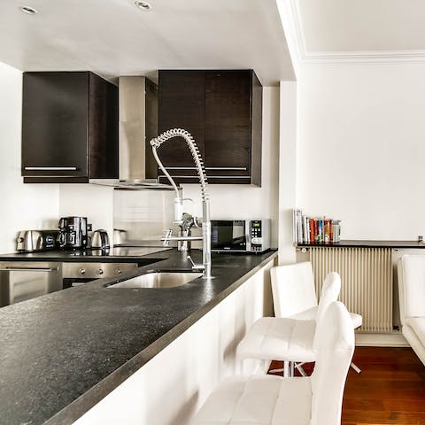 Perch at the breakfast bar with an espresso and a buttery croissant