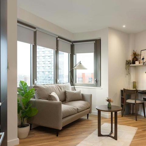 Curl up with coffee in the light-filled seating area