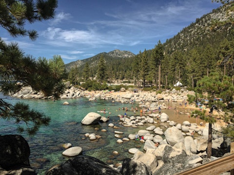 Discover Lake Tahoe's beaches with stunning mountain-framed vistas
