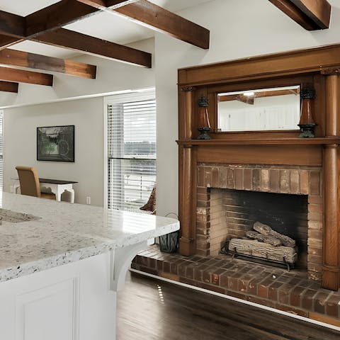 Gather for group meals by the open fireplace