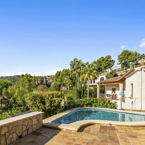 Relish in a refreshing swim amongst peaceful gardens in the private outdoor pool