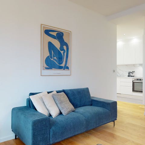 Put up your feet on the soft velvet sofa after a busy day of walking