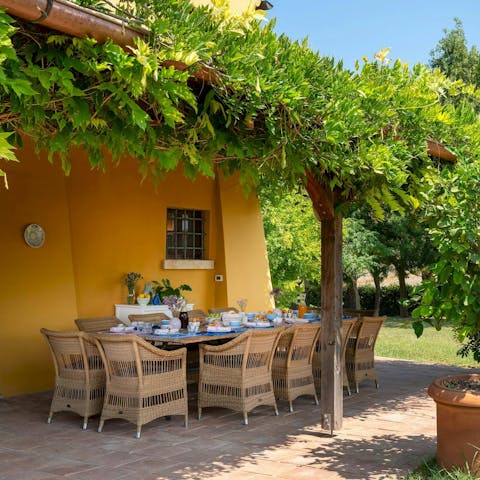 Enjoy a spot of shade as you indulge in an alfresco dinner