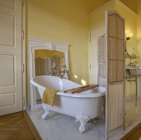 Close your eyes and simply luxuriate in the clawfoot bathtub