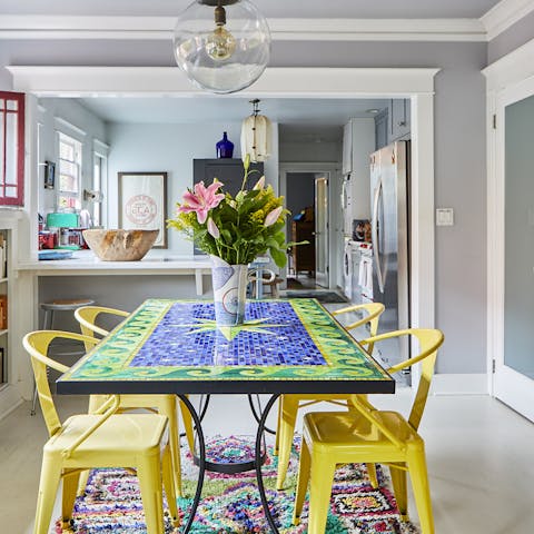Dine in ecclectic Venice Beach style at the mosaic table