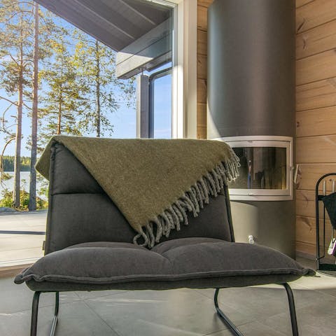 Get toasty and warm next to the column fireplace in the living room