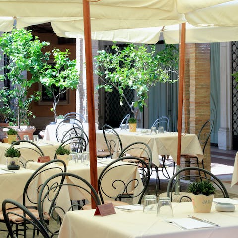 Grab dinner in your building's courtyard restaurant if you don't feel like cooking