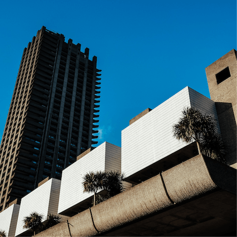 Wander about the Brutalist architecture of the Barbican, eighteen minutes on foot from the apartment Estate,