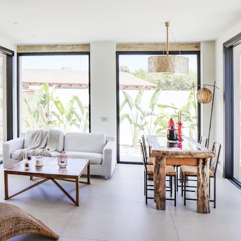 Enjoy arancini in the light-filled living and dining room