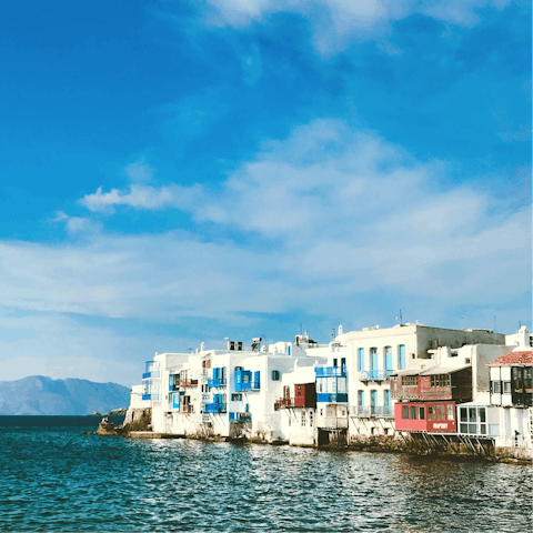 Explore the delights of Mykonos, including Hora, an eleven-minute ride away