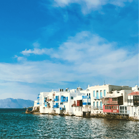 Explore the delights of Mykonos, including Hora, an eleven-minute ride away