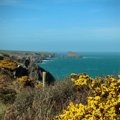 Explore Pembrokeshire's unspoilt beaches and famous Coast National Park, a sixteen-minute drive away