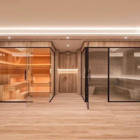 Relax in the sauna and steam room, part of the private spa