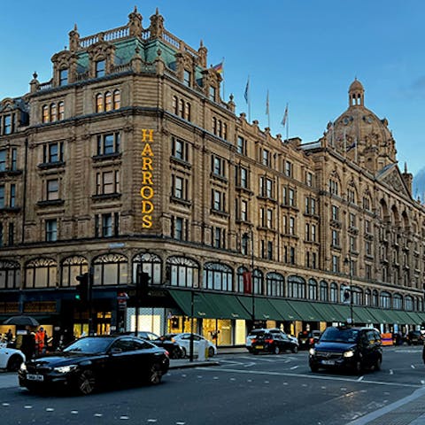 Indulge in a little retail therapy at Harrods, seven minutes away on foot