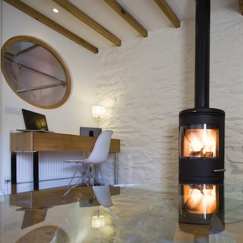 Catch up on emails then switch off for a cosy night by the fire