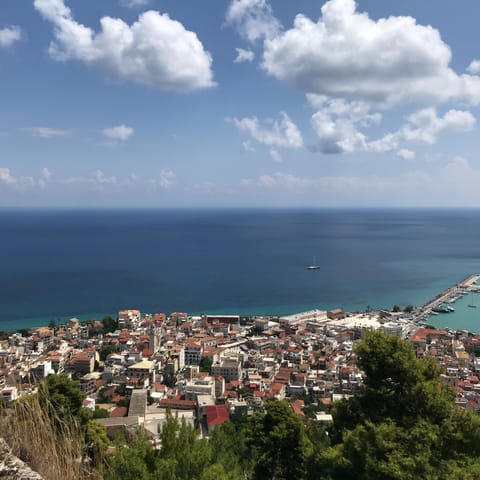 Drive twelve minutes to reach the buzzing coastal hub of Zakynthos Town