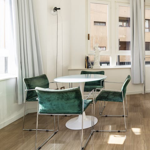 Start your day with delicious pastries and coffee at the dining table