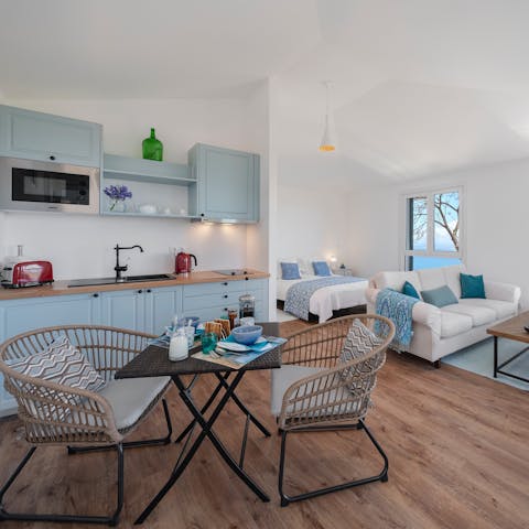 Stay in the annexe, with its living area, kitchenette and comfy king bed