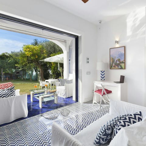 Relax in the quirky and bright living spaces
