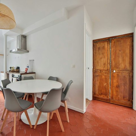 Enjoy home cooked meals in the rustic kitchen