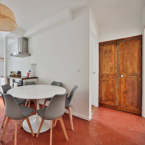 Enjoy home cooked meals in the rustic kitchen