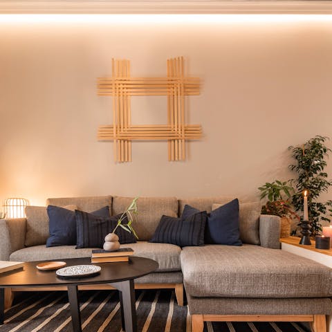 Relax in the zen living room with its Japanese minimalist vibe