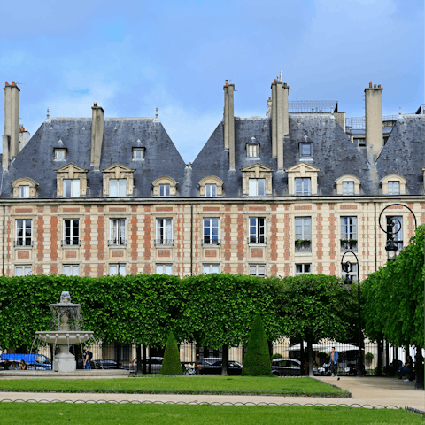 Stop by the pretty Place des Vosges, ten minutes from the apartment