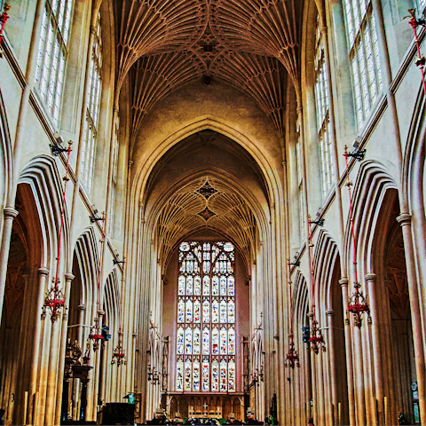 Enjoy a quiet moment at Bath Abbey, ten-minute walk away